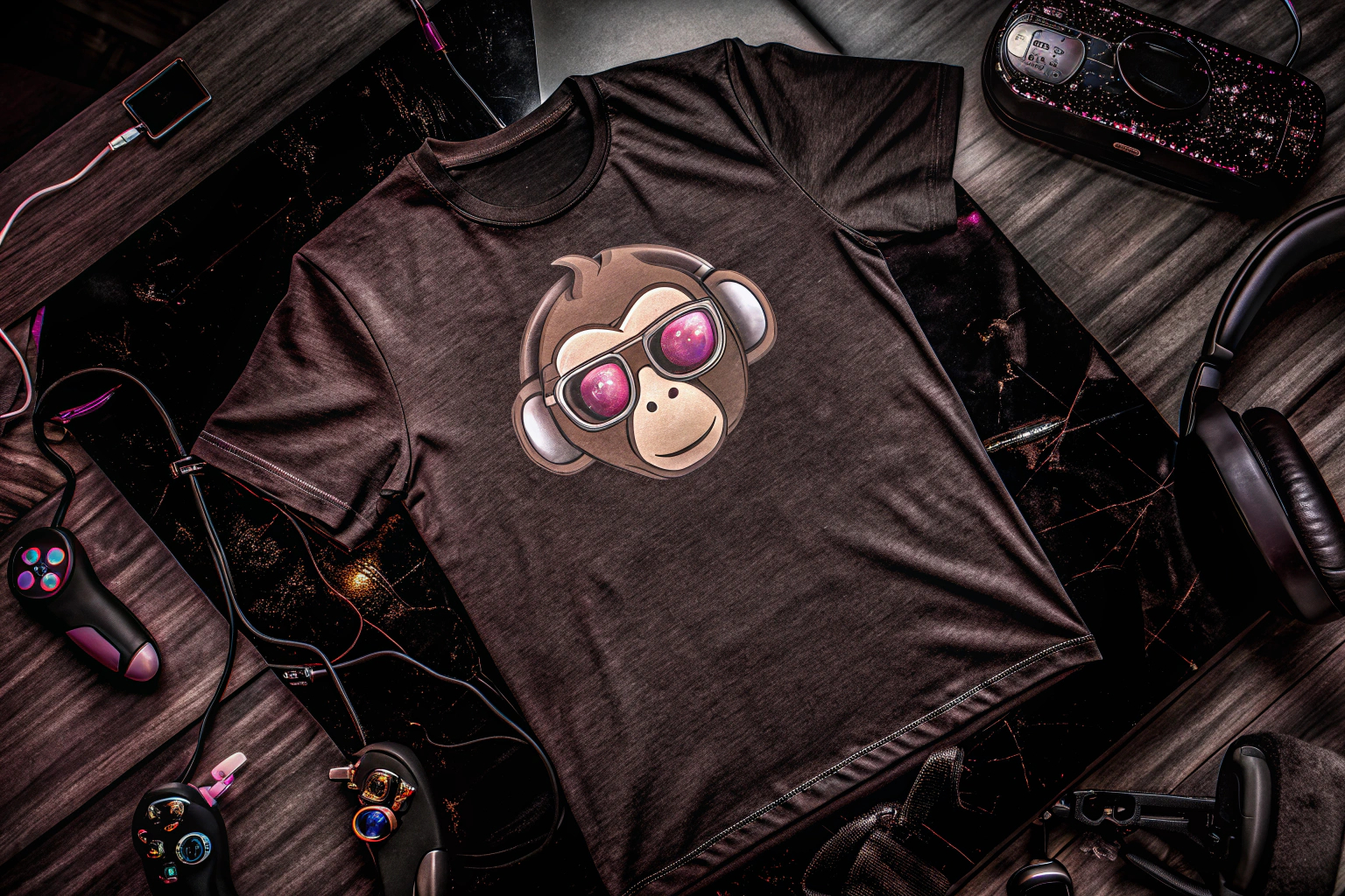 Ein stylisches T-Shirt mit einem coolen Affen-Motiv und Sonnenbrille, perfekt für Gamer. Gamer T-Shirt mit Affen-Motiv
