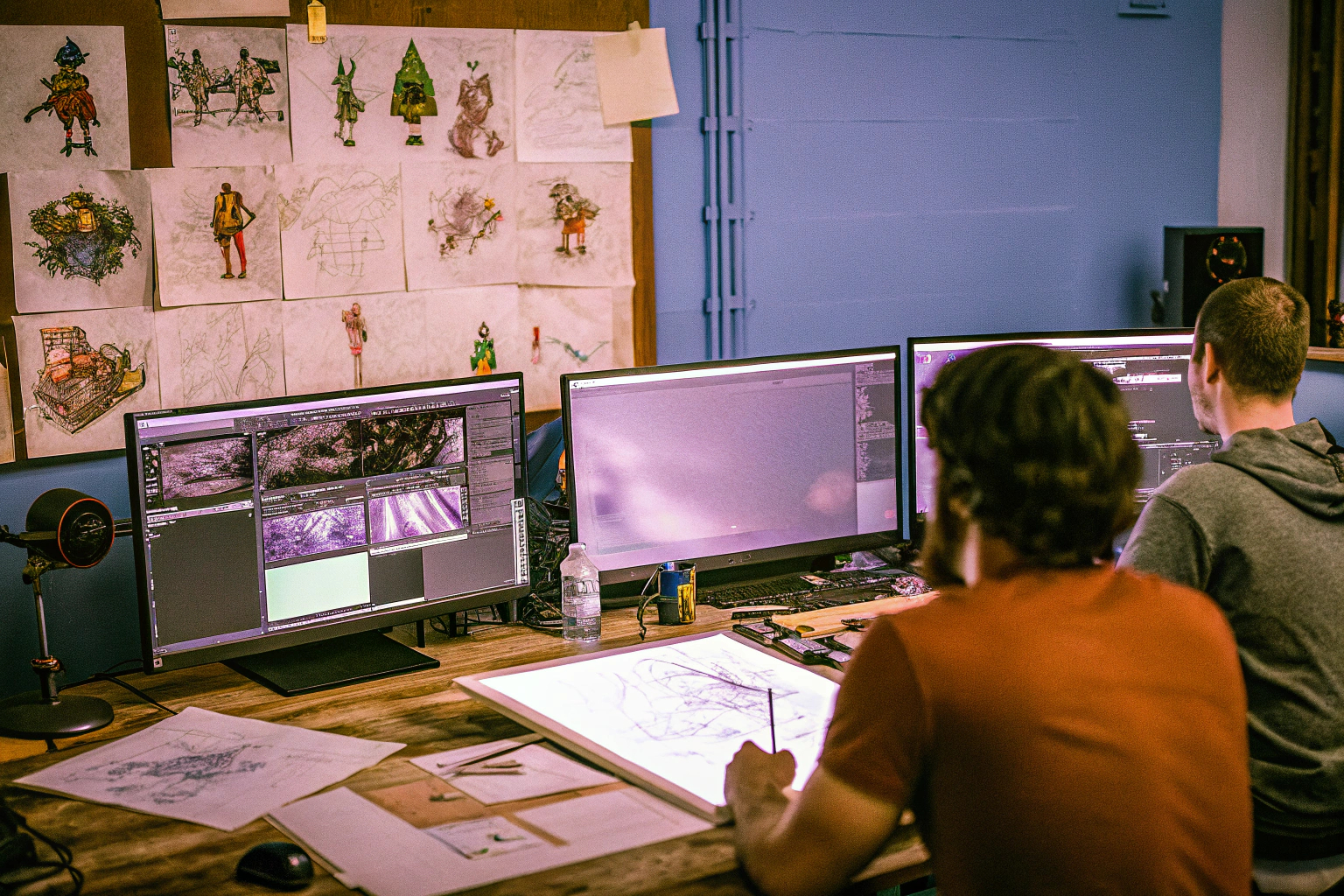 Ein Team von Entwicklern bei der Arbeit an einem Videospiel-Projekt. Videospiel-Entwicklungsteam