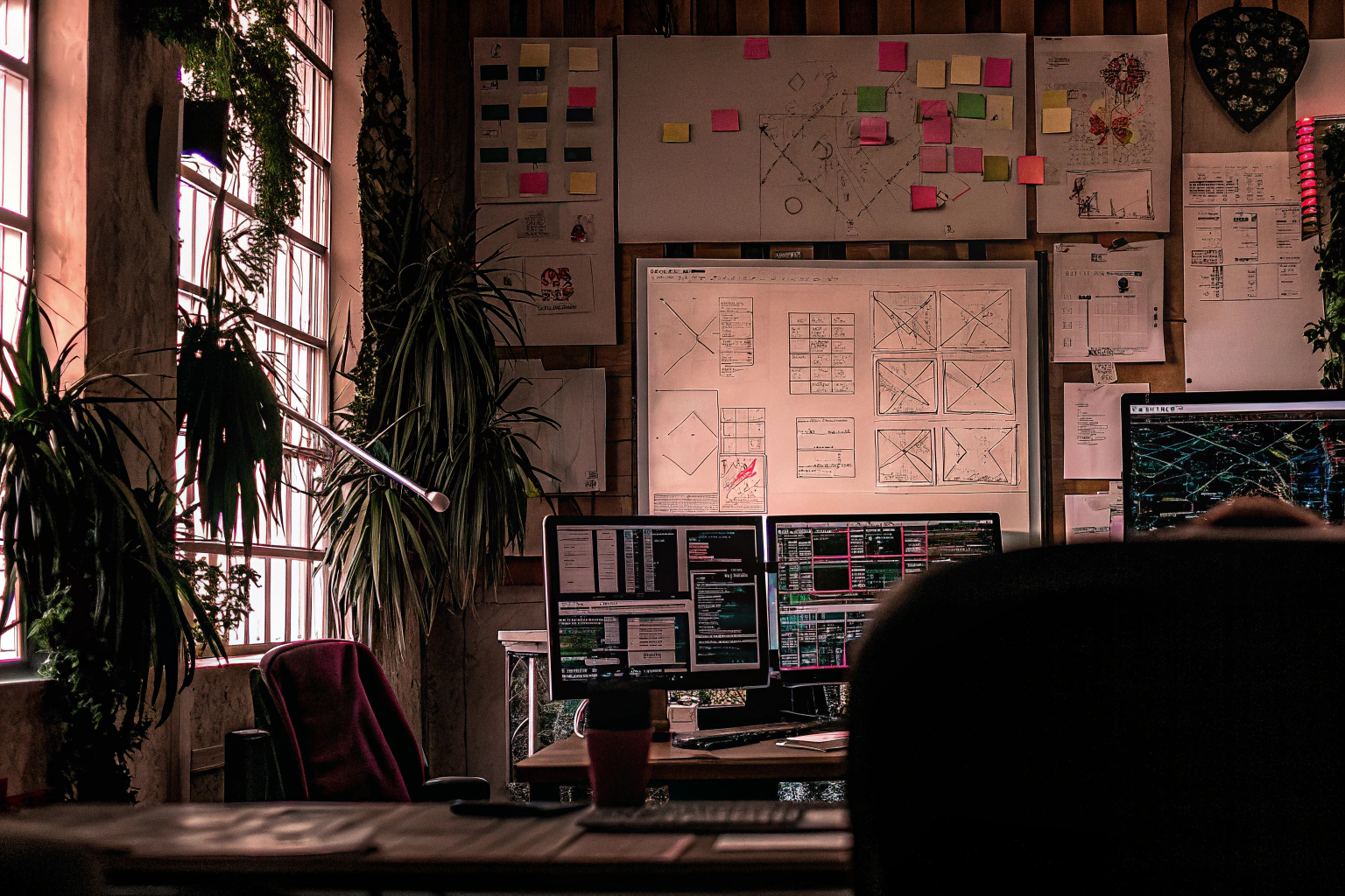Ein Team von Spieleentwicklern, die gemeinsam an einem Projekt arbeiten, umgeben von Whiteboards und Computern. Teamarbeit in der Spieleentwicklung