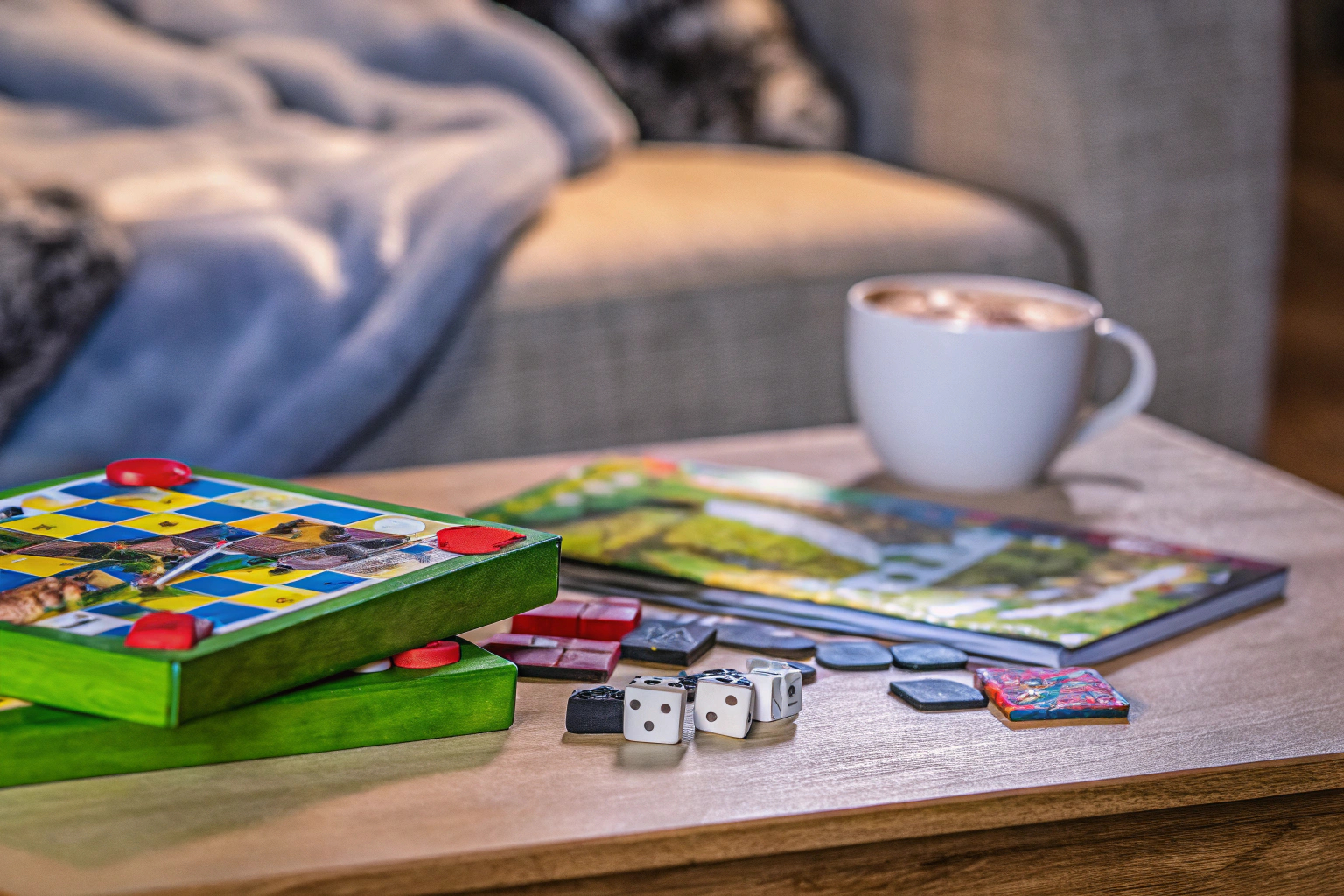 Ein Tisch, auf dem verschiedene Gesellschaftsspiele ausgelegt sind, ideal für einen Spieleabend mit der Familie. Gesellschaftsspiele auf einem Tisch
