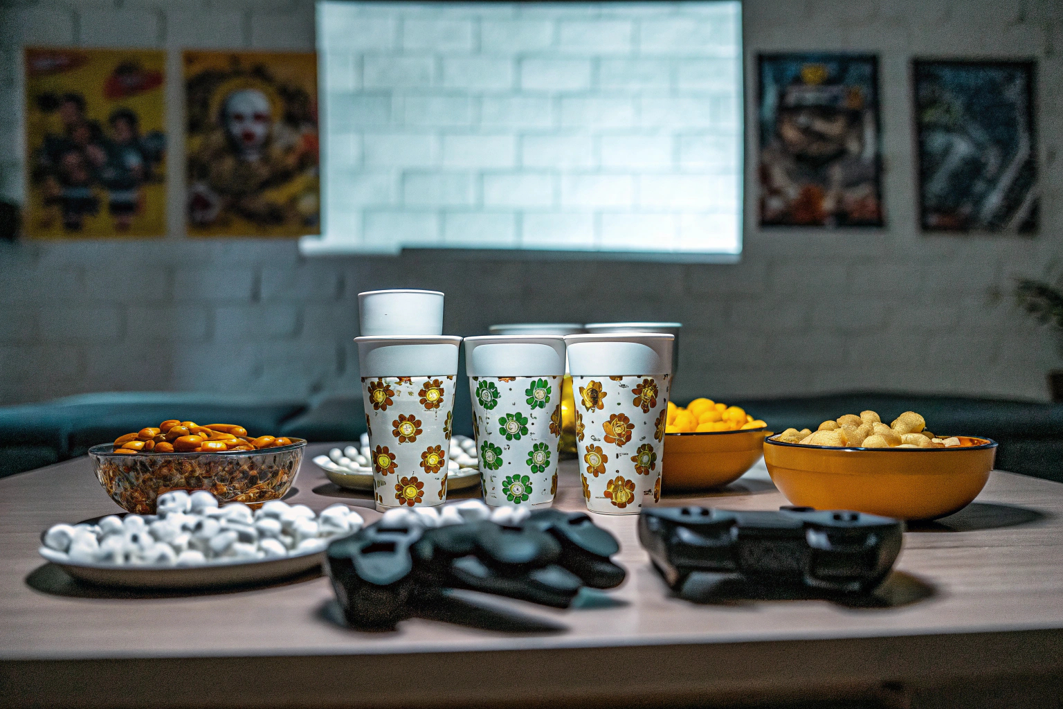 Ein Tisch, gedeckt mit Gaming-Geschirr und Snacks, bereit für die Party. Tisch mit Gaming-Geschirr und Snacks