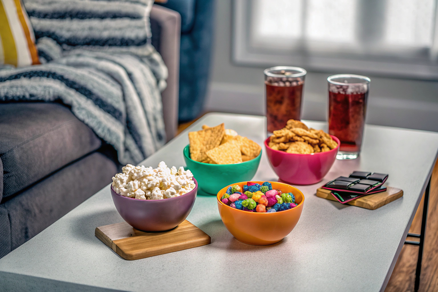 Ein Tisch mit Snacks und Getränken, bereit für einen Spieleabend. Snacks und Getränke für Spieleabend
