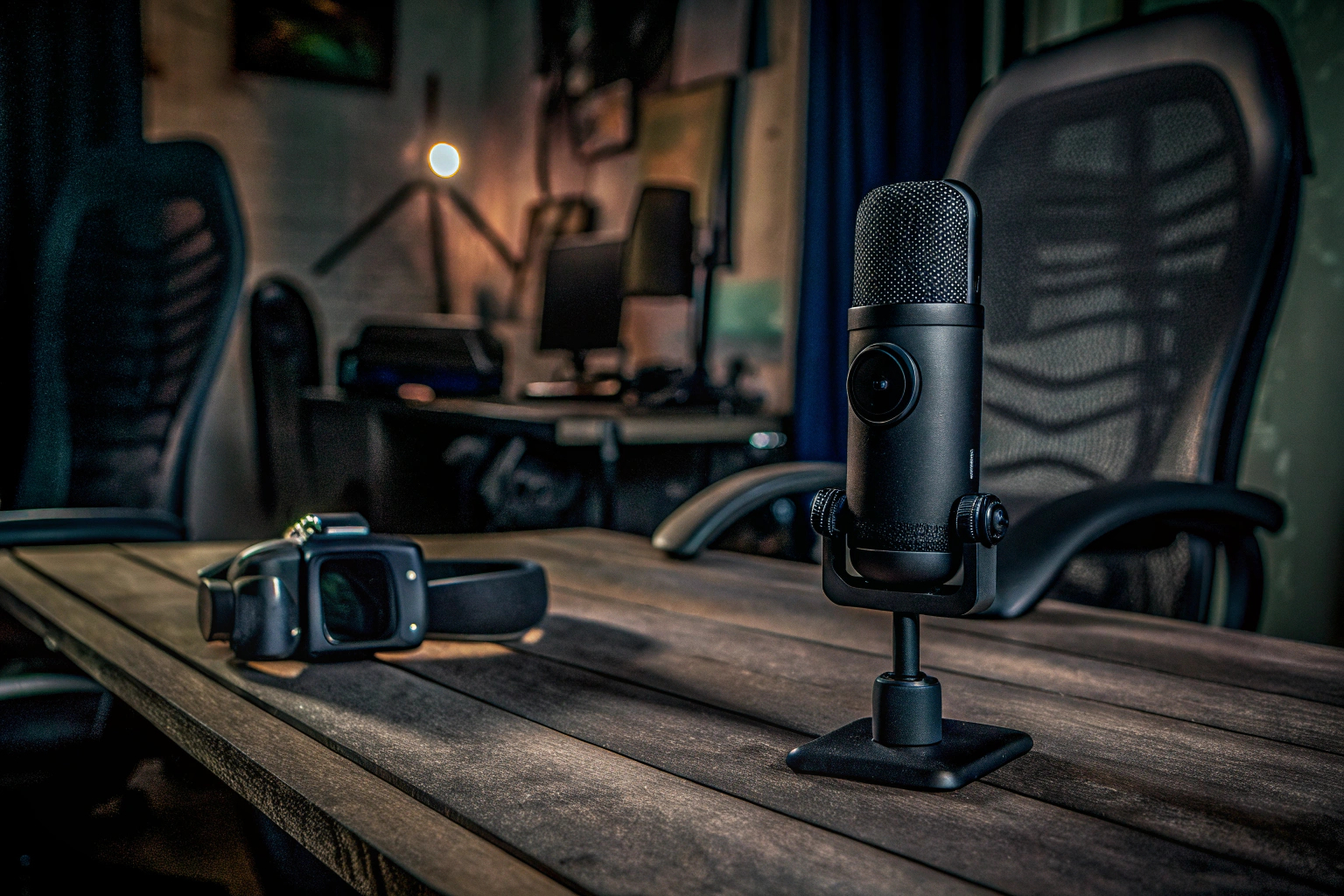 Ein Tisch mit verschiedenen Streaming-Geräten wie Mikrofonen, Kameras und Lichtquellen. Streaming-Equipment auf einem Tisch