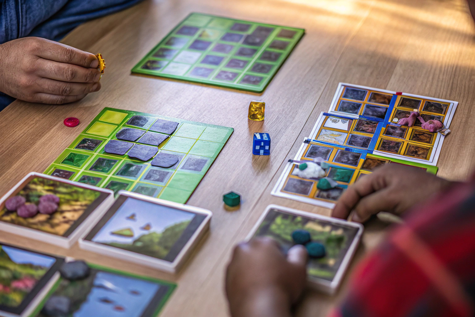 Ein Tisch voller Brettspiele, die bereit sind, gespielt zu werden. Brettspiele auf Tisch