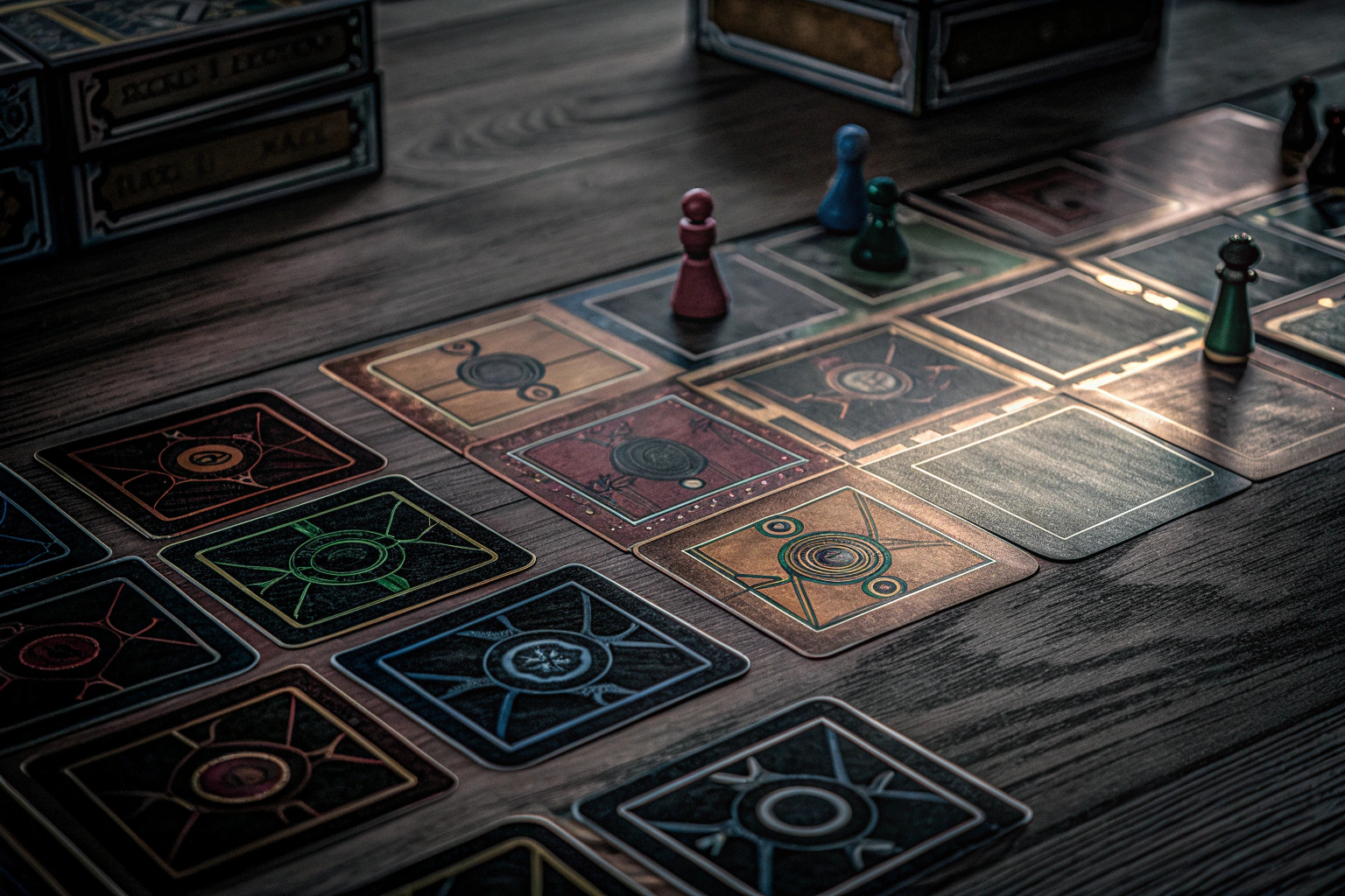 Ein Tisch voller Musikspielkarten und Zubehör, bereit für einen Spieleabend. Musikspiel Karten und Zubehör