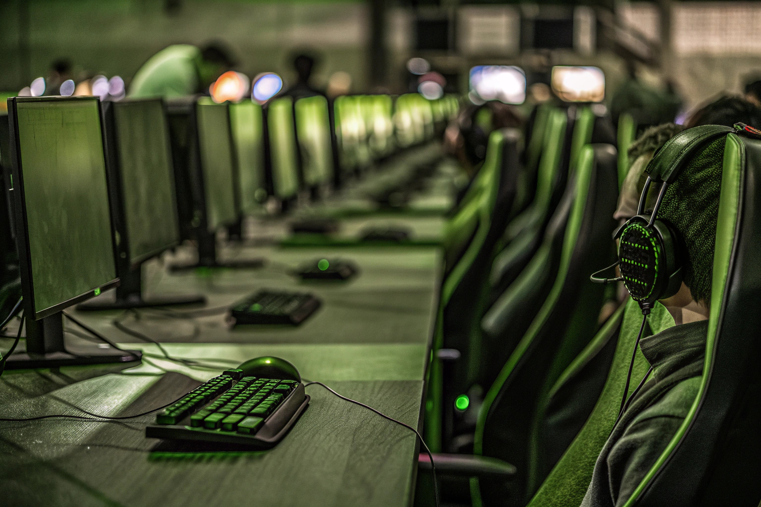 Ein Turniersaal voller Spieler, die konzentriert in verschiedenen Spielen vertieft sind. Gaming-Turnier-Atmosphäre