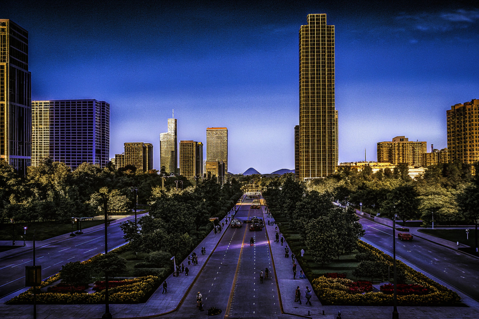 Ein Überblick über eine epische Stadt in einem Städtebau-Simulationsspiel, mit Wolkenkratzern und grünen Parks. Hochentwickelte virtuelle Stadt in einem Simulationsspiel