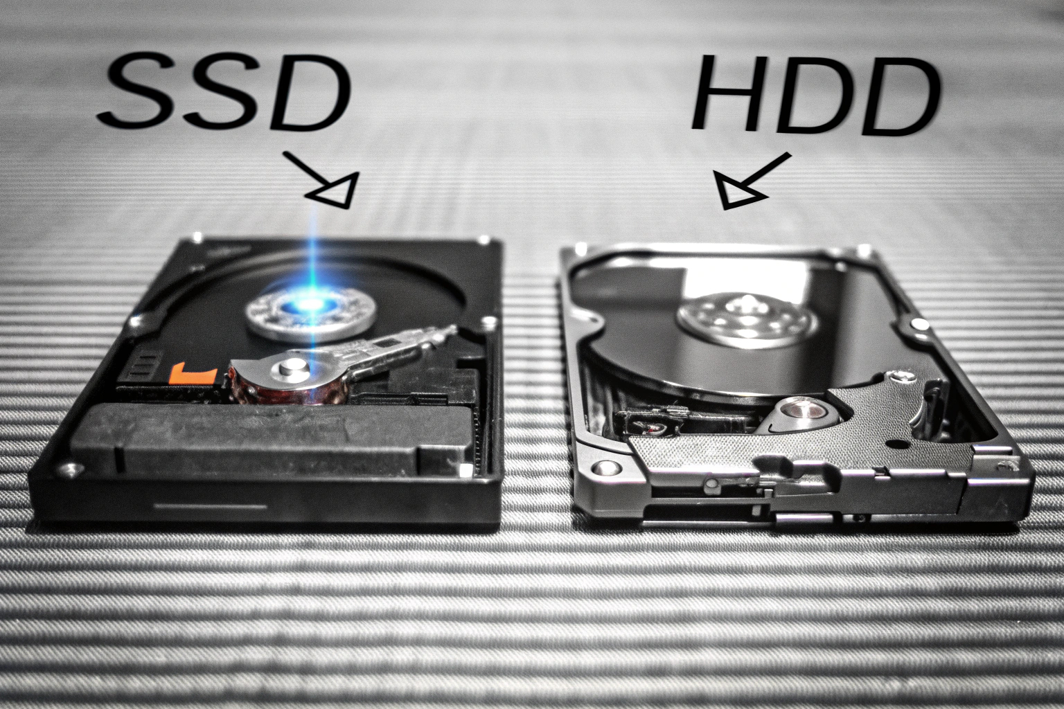 Ein Vergleich zwischen SSD und HDD, der die Geschwindigkeit und Speicherkapazität zeigt. Vergleich zwischen SSD und HDD