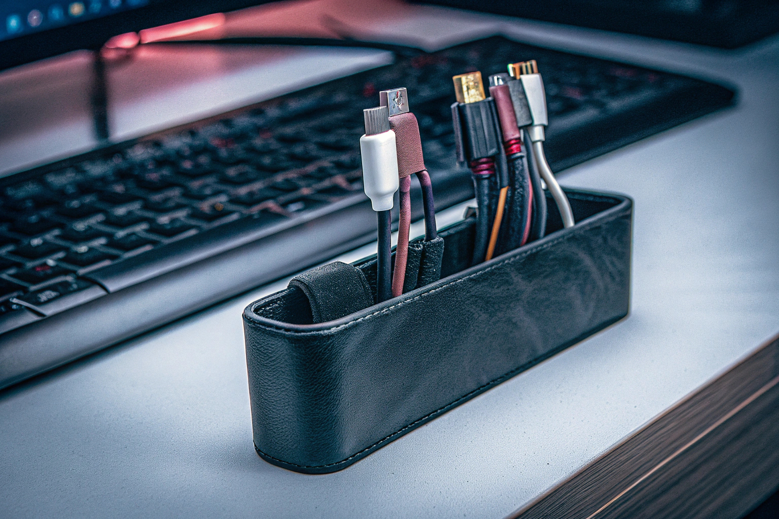 Ein Verlängerungskabel-Organizer, der mehrere Kabel geordnet hält. Verlängerungskabel-Organizer im Einsatz