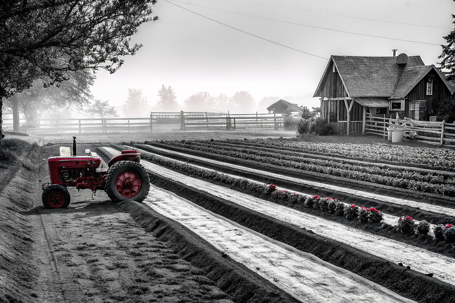 Ein virtueller Bauernhof mit Traktoren und Feldern, die auf den Anbau vorbereitet werden. Landwirtschafts-Simulator