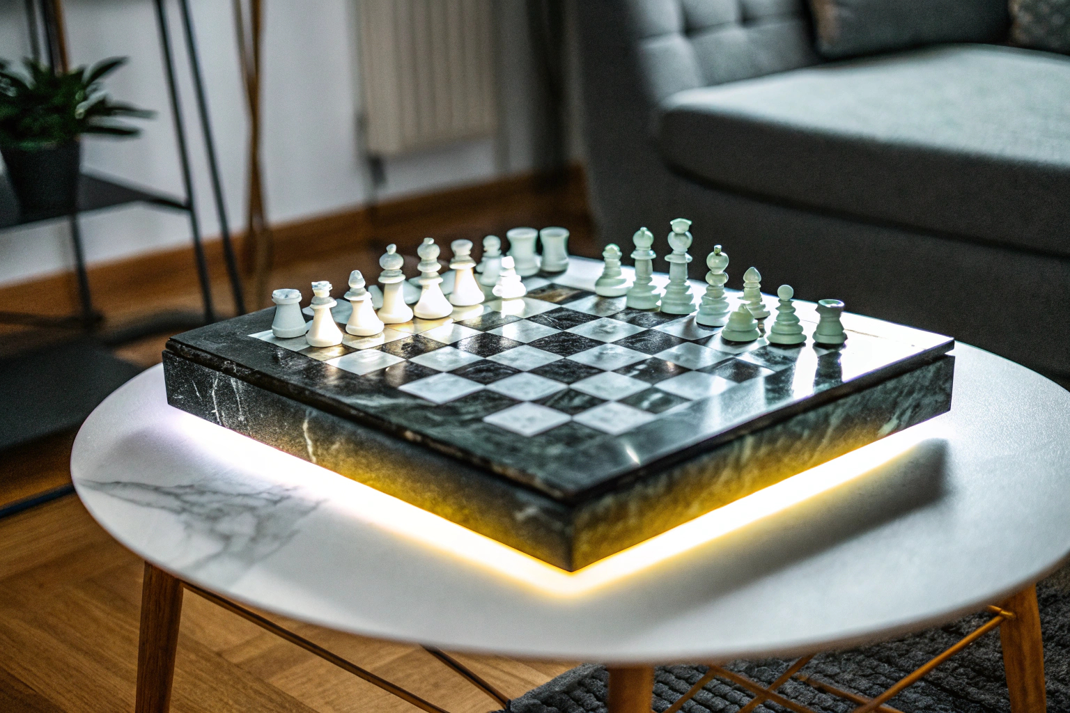Ein visuell beeindruckendes Schachspiel mit LED-Beleuchtung, das auf einem Tisch in einem stilvollen Wohnzimmer steht. LED-Schachspiel auf Tisch
