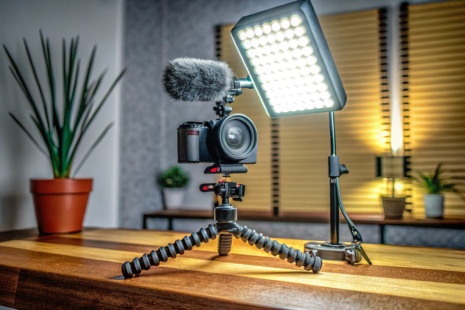 Ein vollständiges Streaming-Setup mit Mikrofon, Kamera und Beleuchtung. Vollständiges Streaming-Setup