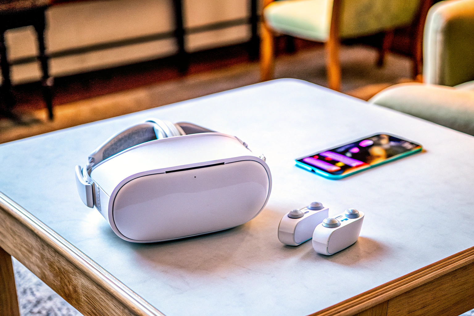 Ein VR-Headset auf einem Tisch mit Controllern und einem Smartphone. VR-Headset mit Controllern