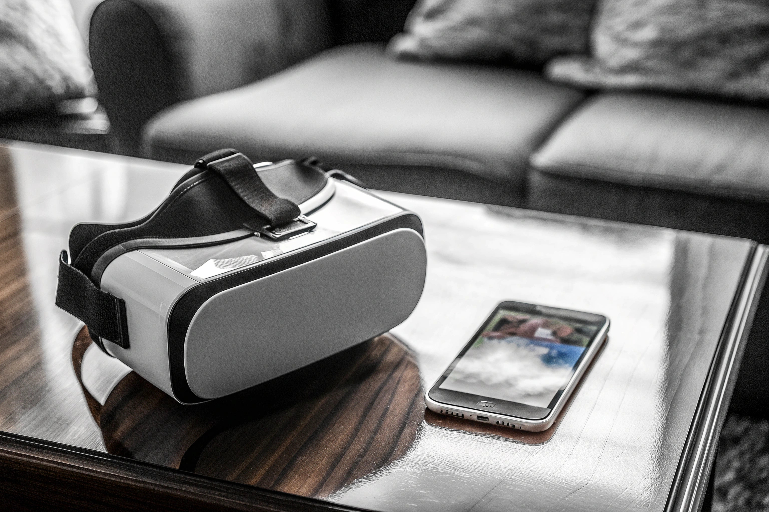 Ein VR-Headset auf einem Tisch mit einem Smartphone daneben. VR-Headset mit Smartphone