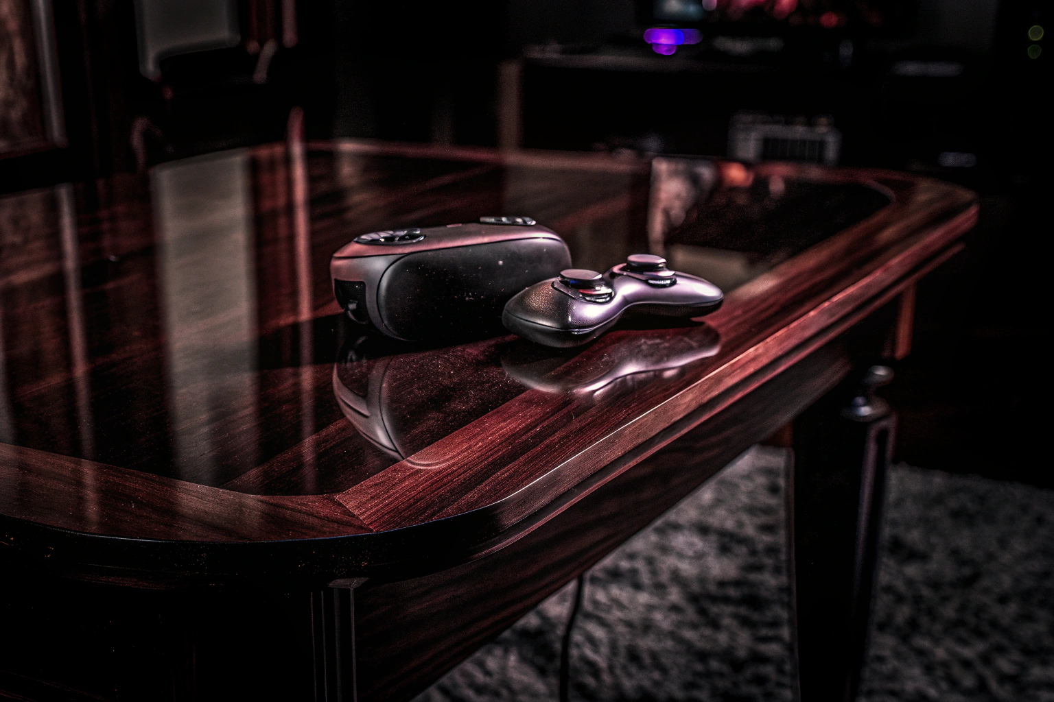 Ein VR-Headset mit Controllern auf einem Tisch, bereit für den Einsatz. VR-Headset mit Controllern