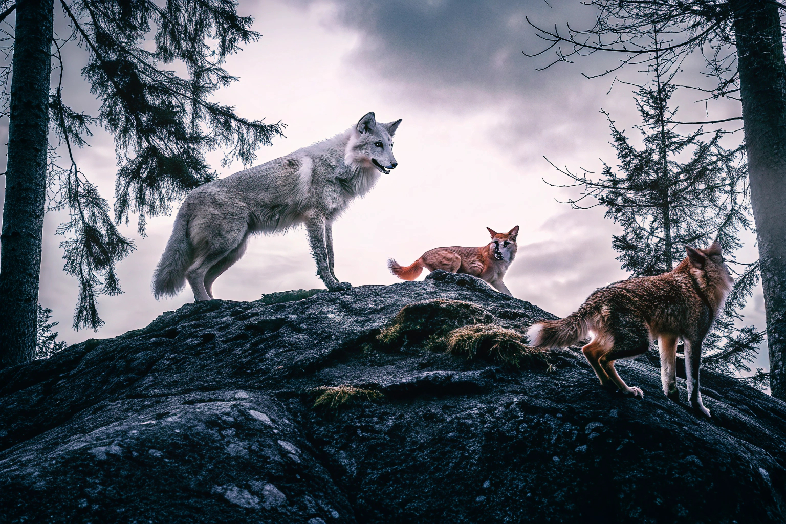 Ein Wolf, Fuchs und Luchs in der WildCraft 3D-Welt, die gemeinsam ein Abenteuer erleben. WildCraft Tierfamilie