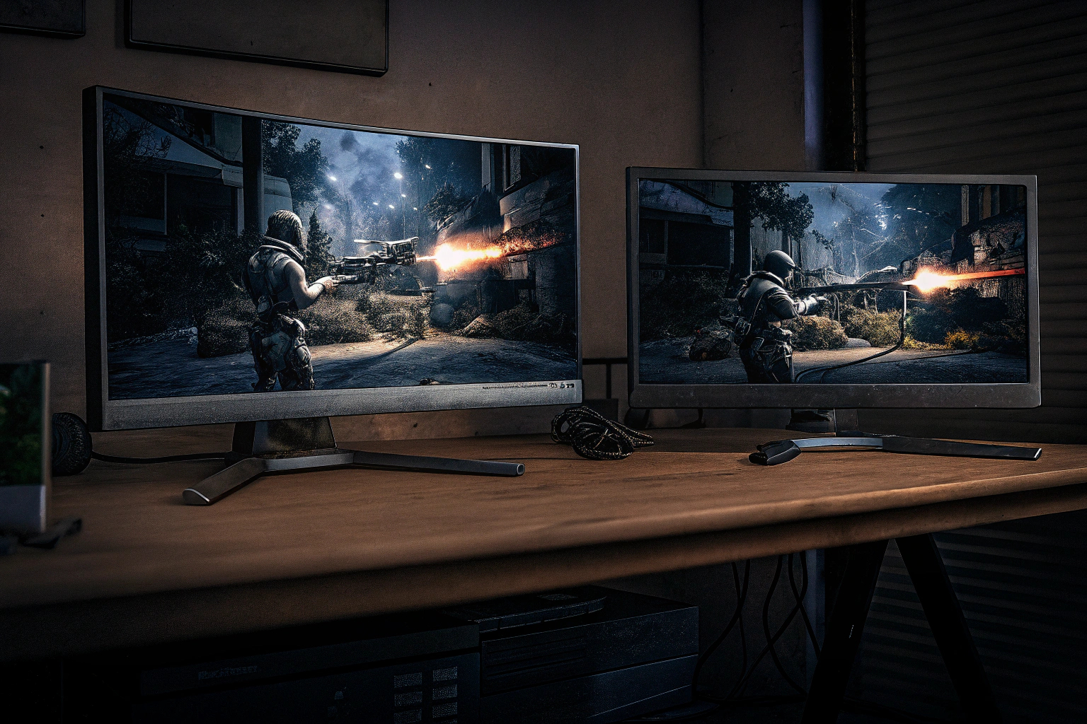 Ein Z-Edge 27 Zoll Curved Gaming Monitor in einem Dual-Monitor-Setup. Z-Edge 27 Zoll Curved Monitor