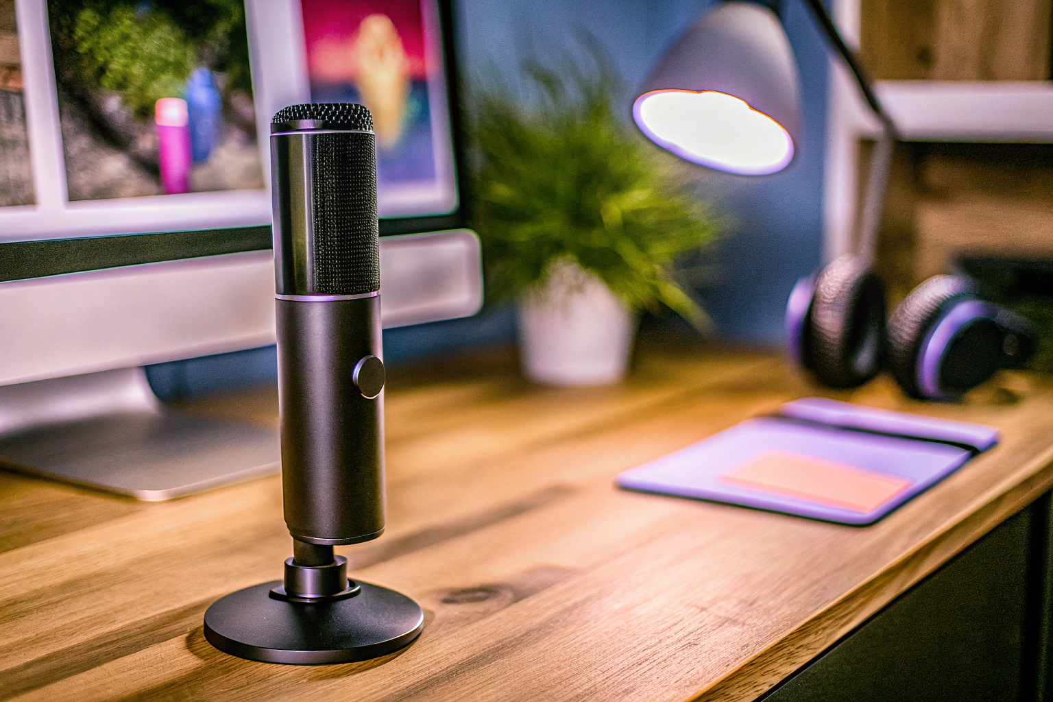Ein zealsound USB Mikrofon, das auf einem Schreibtisch steht und einsatzbereit ist. zealsound USB Mikrofon
