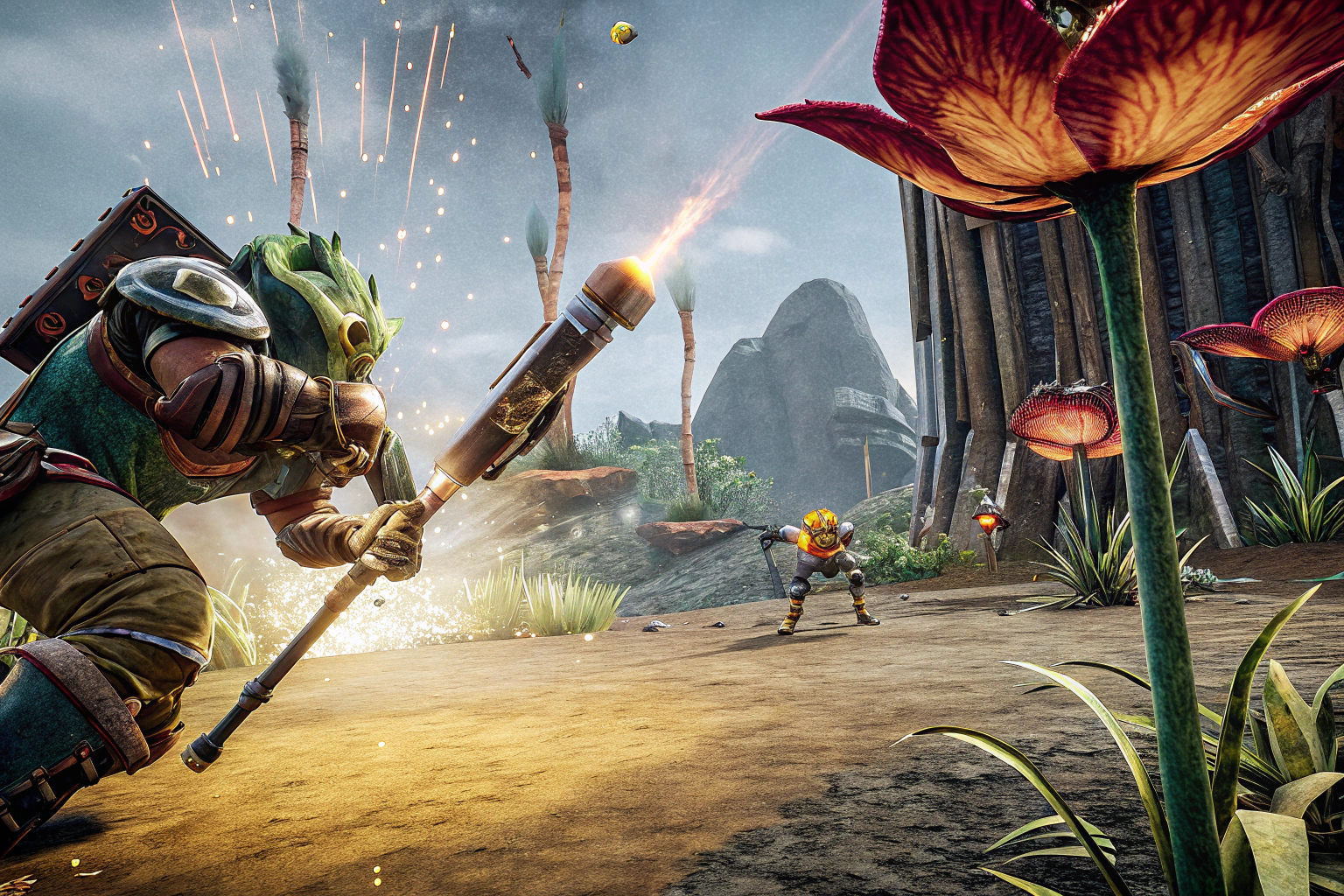 Eine actionreiche Kampfszene aus Biomutant mit Mutanten und farbenfroher Umgebung. Biomutant Kampfszene