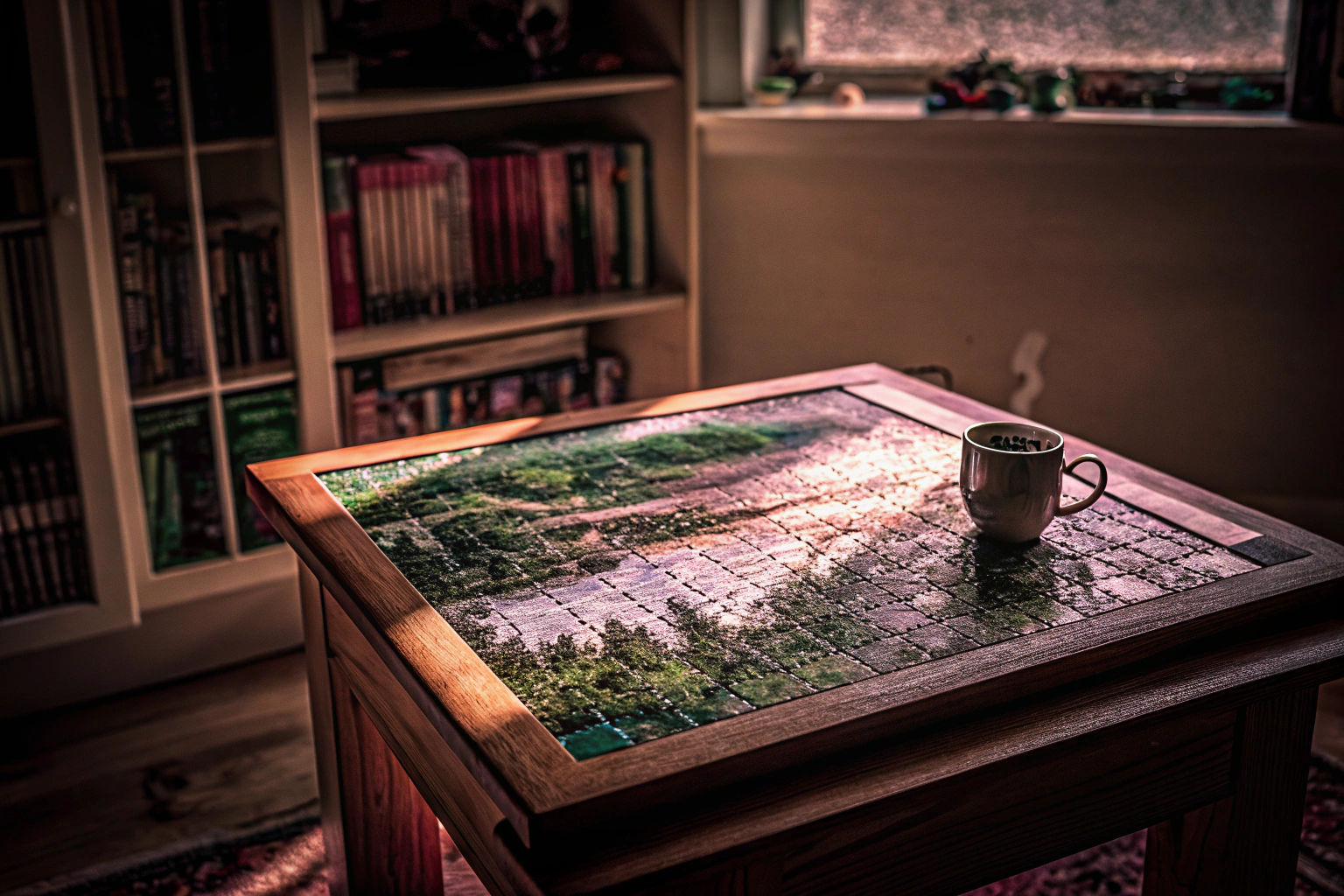 Eine ältere Person, die sich auf ein Puzzle konzentriert, mit einem befriedigtem Ausdruck im Gesicht. Senior genießt Puzzlespiele