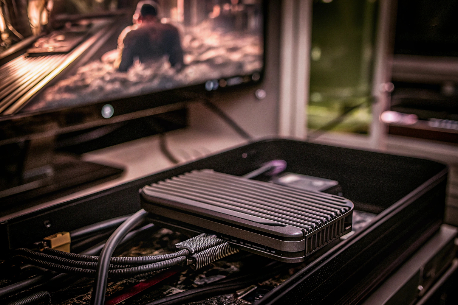 Eine Aufnahme der Elgato 4K Pro Capture-Karte, die in einem Gaming-Setup installiert ist. Elgato 4K Pro Capture-Karte