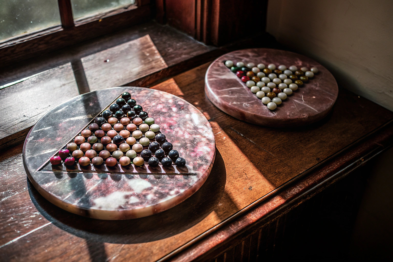 Eine Aufnahme von Abalone und Triominos, die die Spielfelder und Spielsteine zeigt. Abalone und Triominos Spielbretter