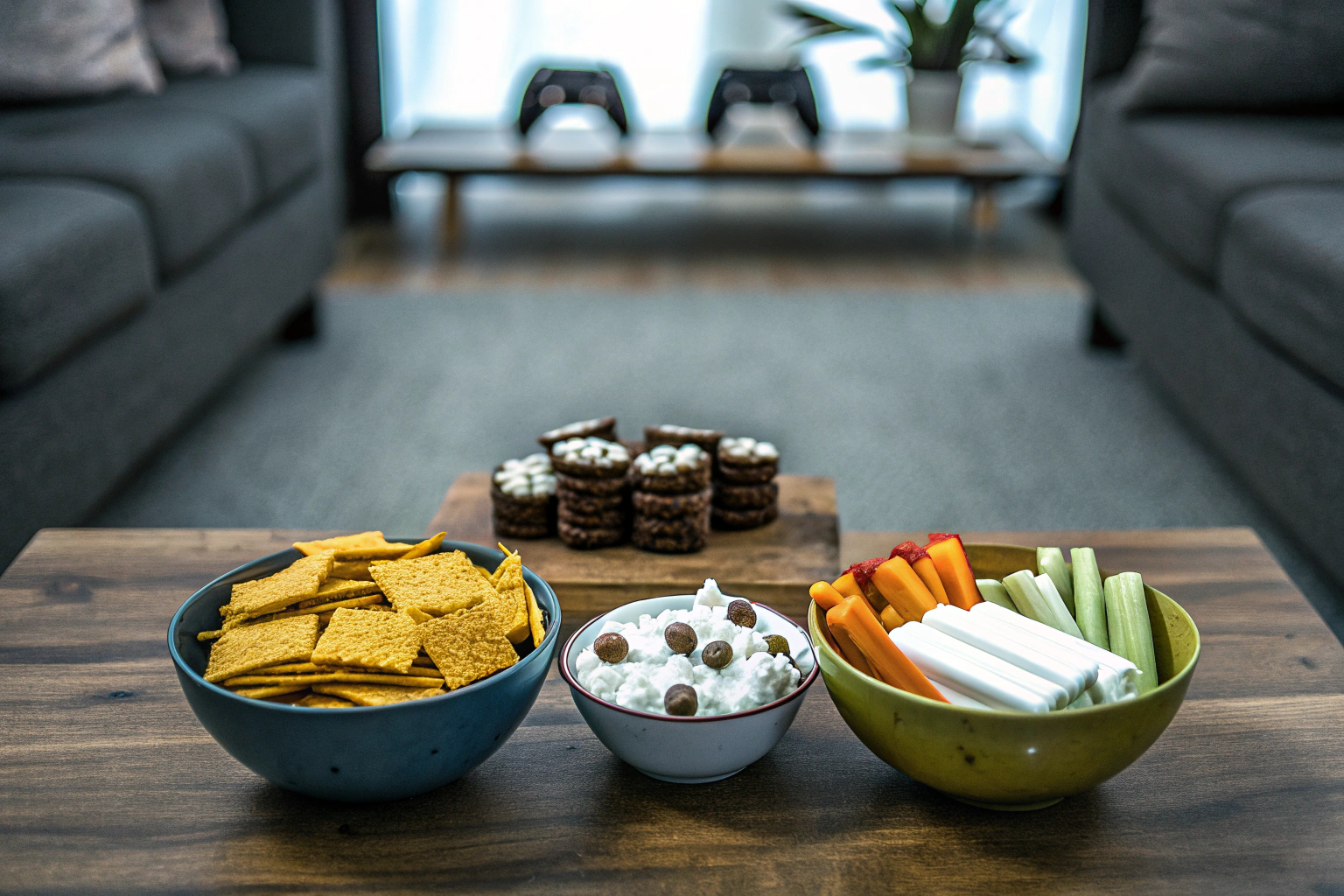 Eine Auswahl an verschiedenen Snacks auf einem Tisch, ideal für eine lange Gaming-Nacht. Snacks für Gaming-Nacht