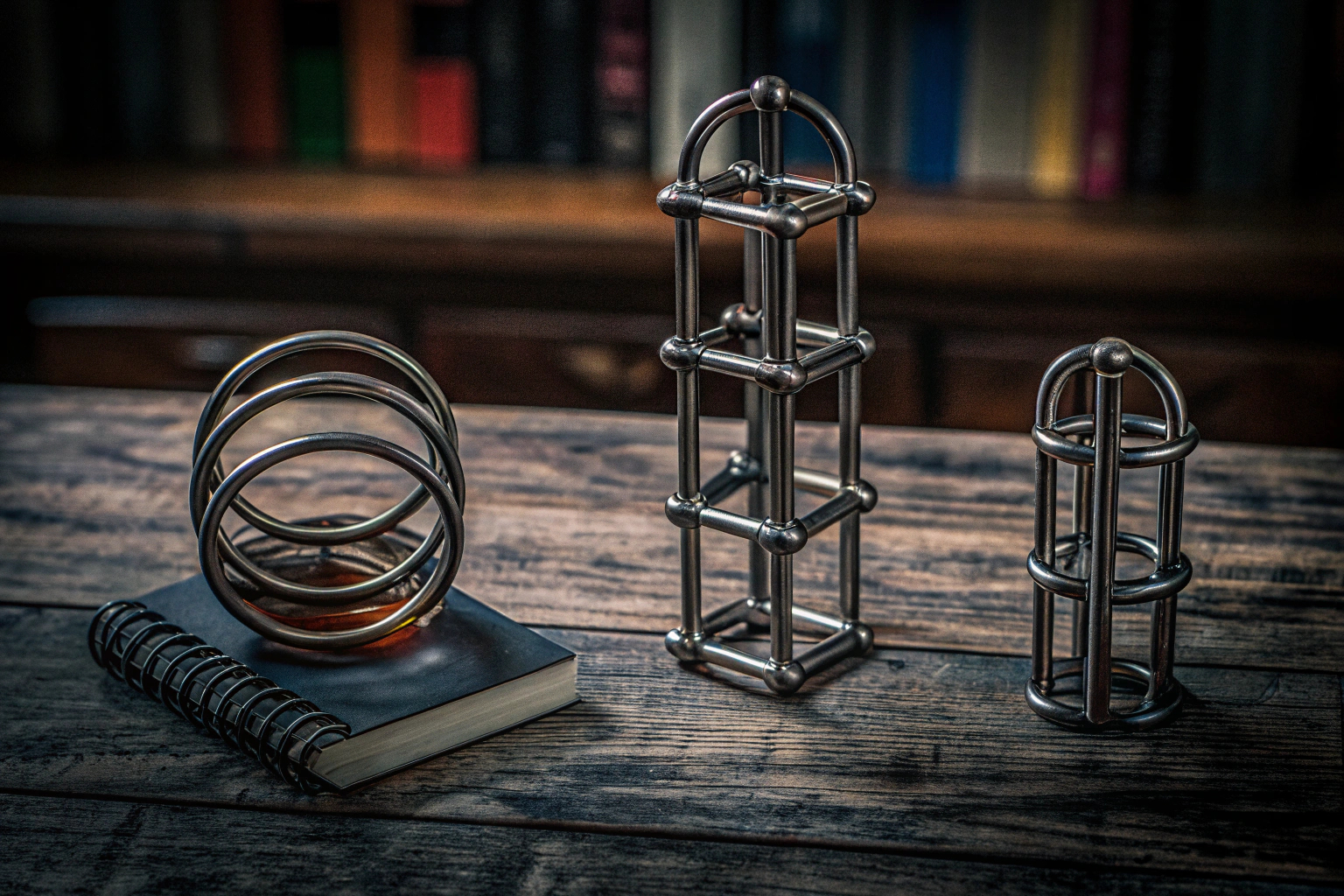 Eine Auswahl der verschiedenen Metallpuzzles aus dem Qanmua Set, die auf einem Tisch präsentiert werden. Qanmua Knobelspiele Set Metallpuzzles