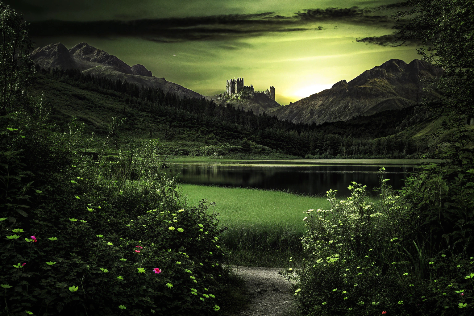 Eine beeindruckende Fantasy-Landschaft, die die Weite und Schönheit einer Rollenspielwelt zeigt. Fantasy-Landschaft aus einem Rollenspiel