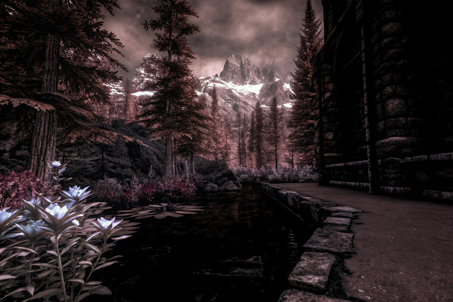 Eine beeindruckende Fantasy-Landschaft in einem MMORPG, die zum Erkunden einlädt. Fantasy-Landschaft in einem MMORPG