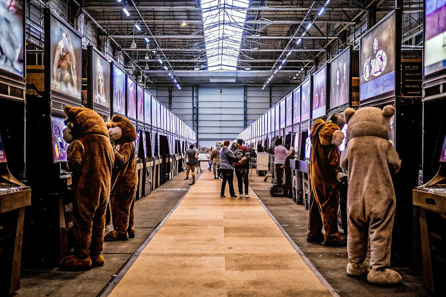 Eine beeindruckende Messehalle voller Gamer, die die neuesten Spiele an verschiedenen Ständen ausprobieren. Bild einer vollen Messehalle auf einem Gaming-Event