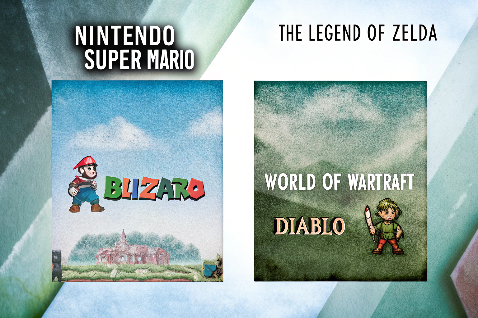 Eine Collage berühmter Spiele von Nintendo und Blizzard. Nintendo und Blizzard Spiele