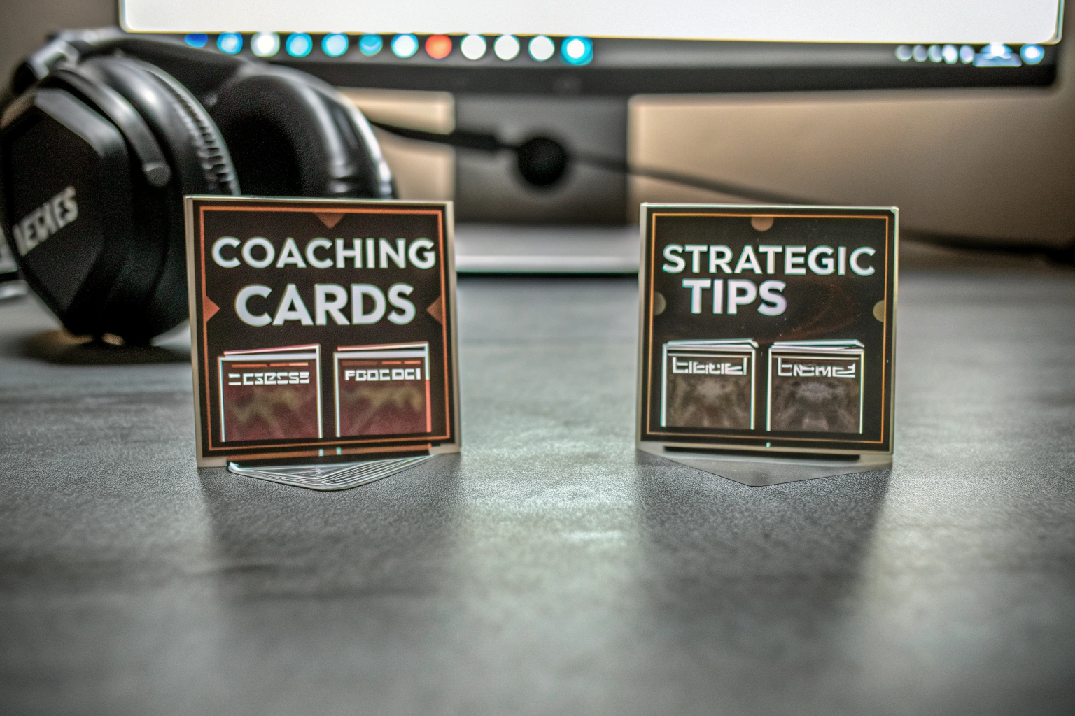 Eine Detailaufnahme von Coaching-Karten, die zur mentalen Vorbereitung im Gaming eingesetzt werden. Coaching-Karten zur mentalen Vorbereitung