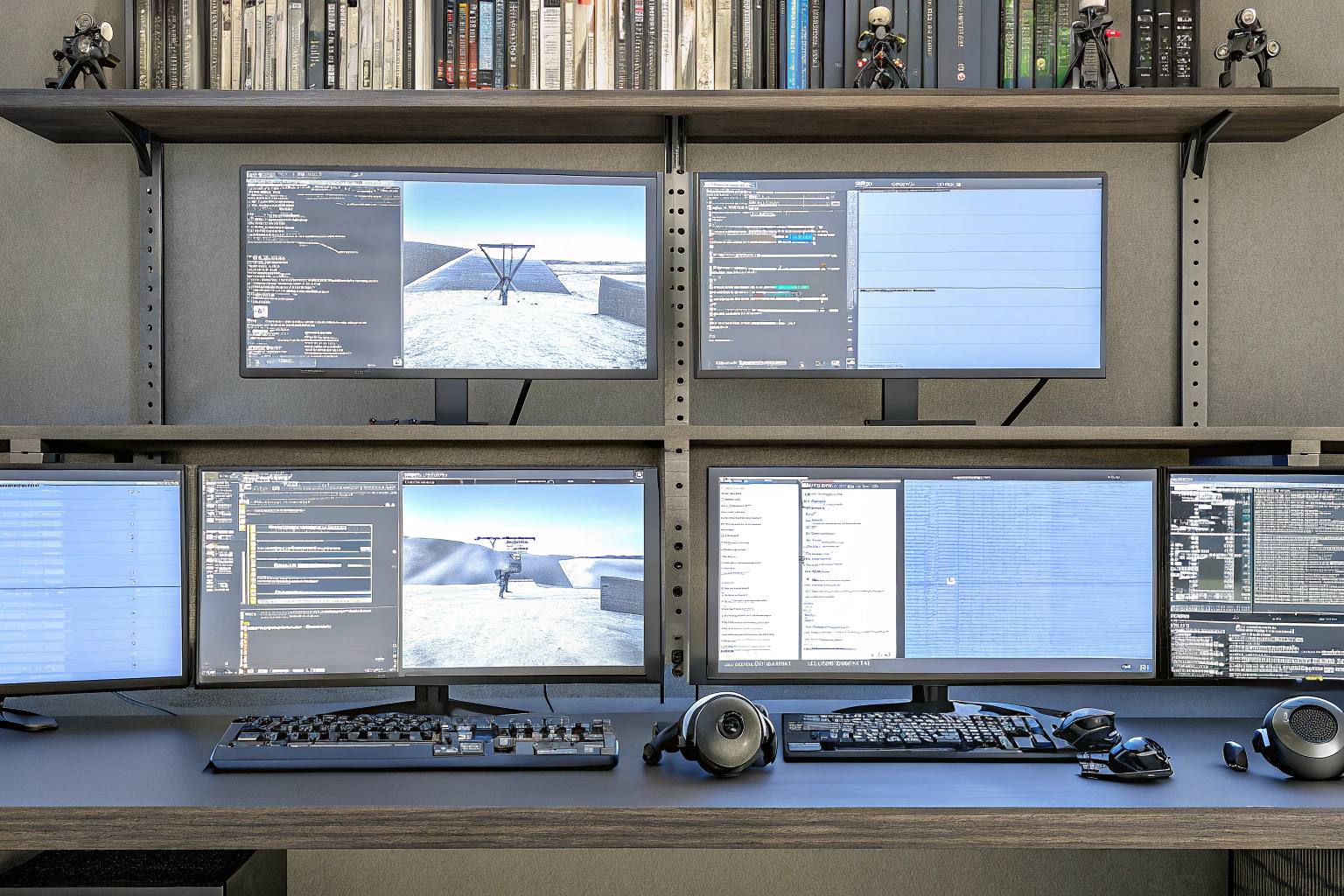 Eine detaillierte Darstellung eines Game Testers, der an einem Spiel arbeitet, mit mehreren Bildschirmen und einer Vielzahl an Testtools. Game Tester bei der Arbeit