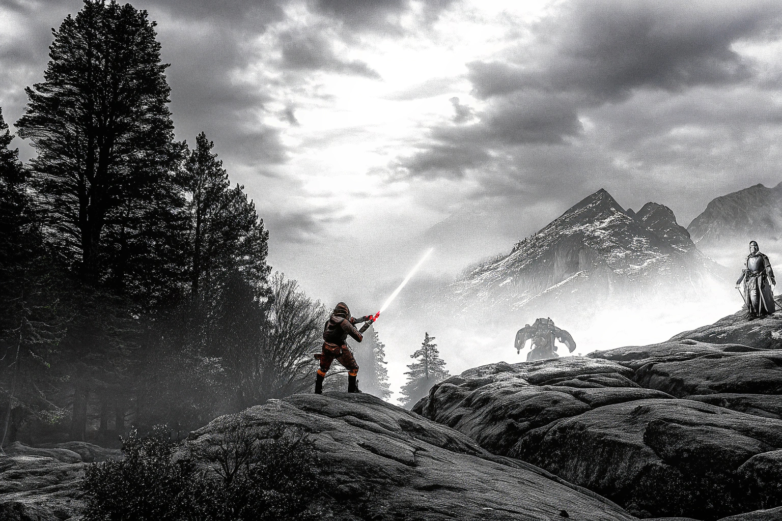 Eine düstere Fantasy-Landschaft mit einem Helden, der sich gegen Monster behauptet. Gothic 1 Remake Gameplay