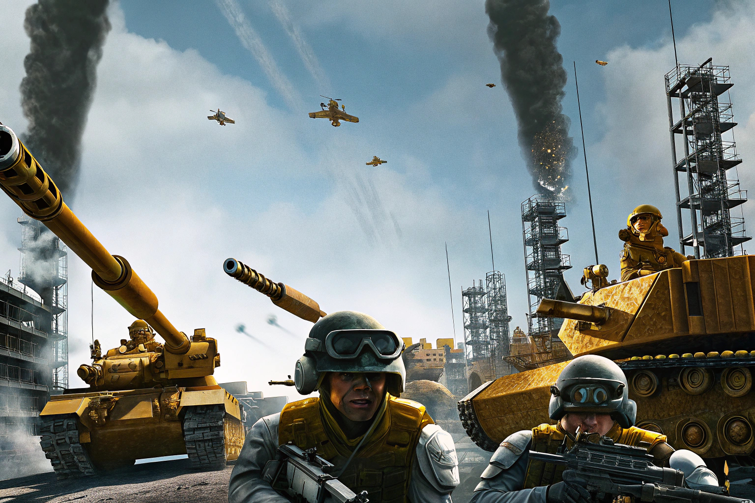 Eine eindrucksvolle Schlacht in einem Strategiespiel, bei dem Soldaten über ein weitläufiges Feld stürmen. Strategisches Schlachtfeld in einem Strategiespiel