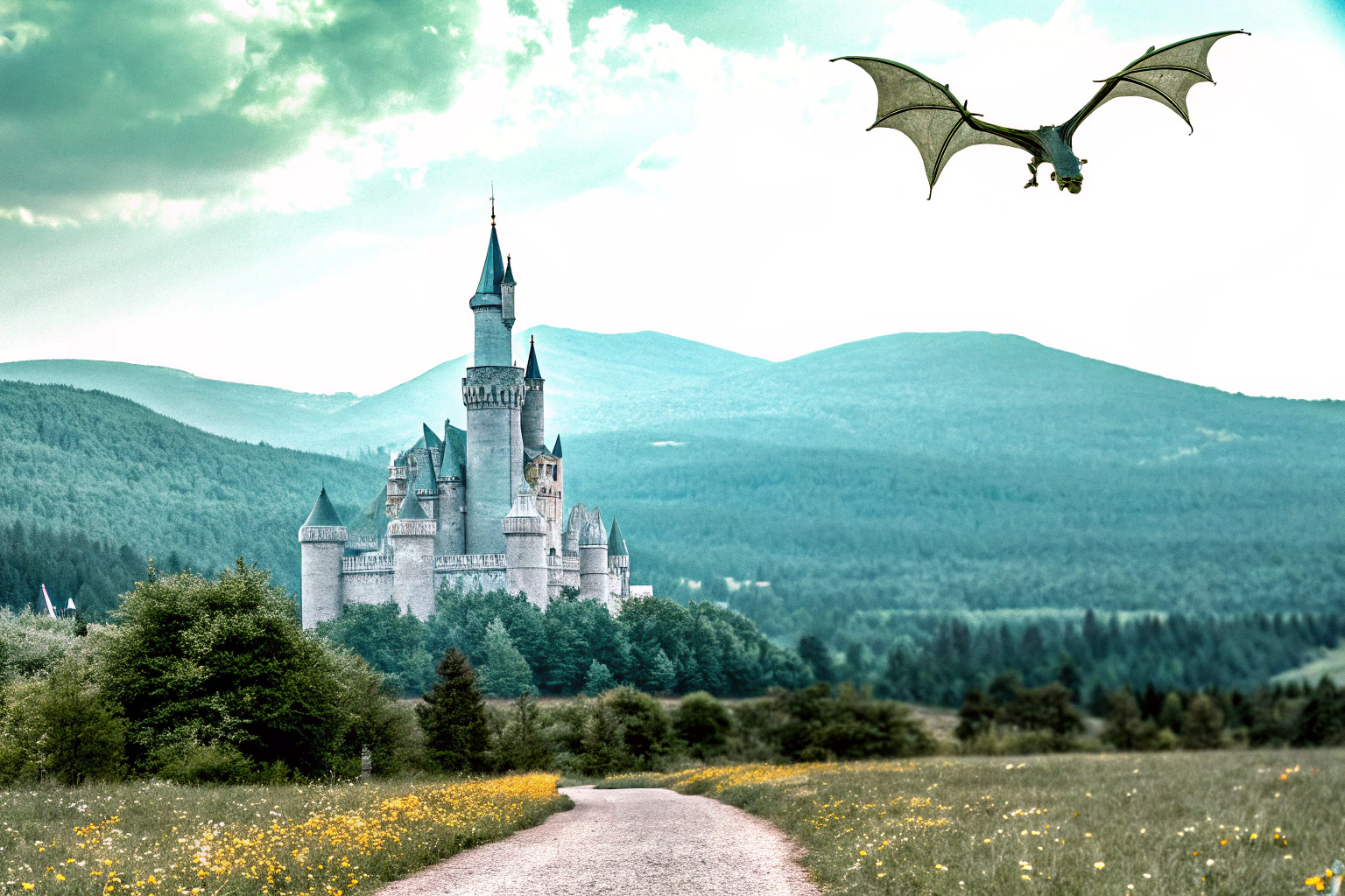 Eine epische Fantasy-Landschaft aus einem Open-World-Rollenspiel mit Burgen und Drachen. Open-World-Rollenspiel mit Burgen und Drachen