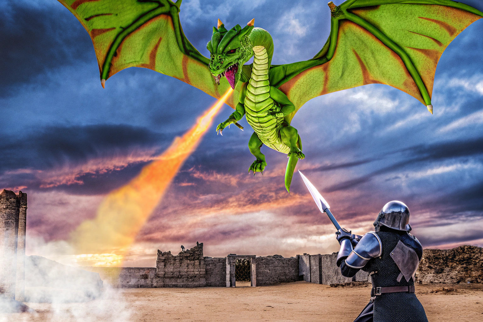 Eine epische Schlacht in einem RPG-Spiel, in dem der Spieler gegen einen riesigen Drachen kämpft. Epische Schlacht in einem RPG-Spiel