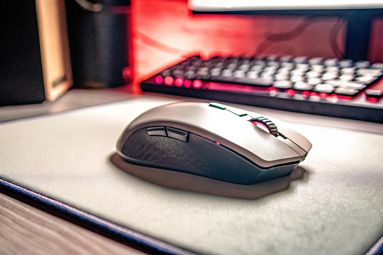 Eine ergonomisch gestaltete Gaming-Maus mit RGB-Beleuchtung auf einem Mauspad. Ergonomische Gaming-Maus mit RGB
