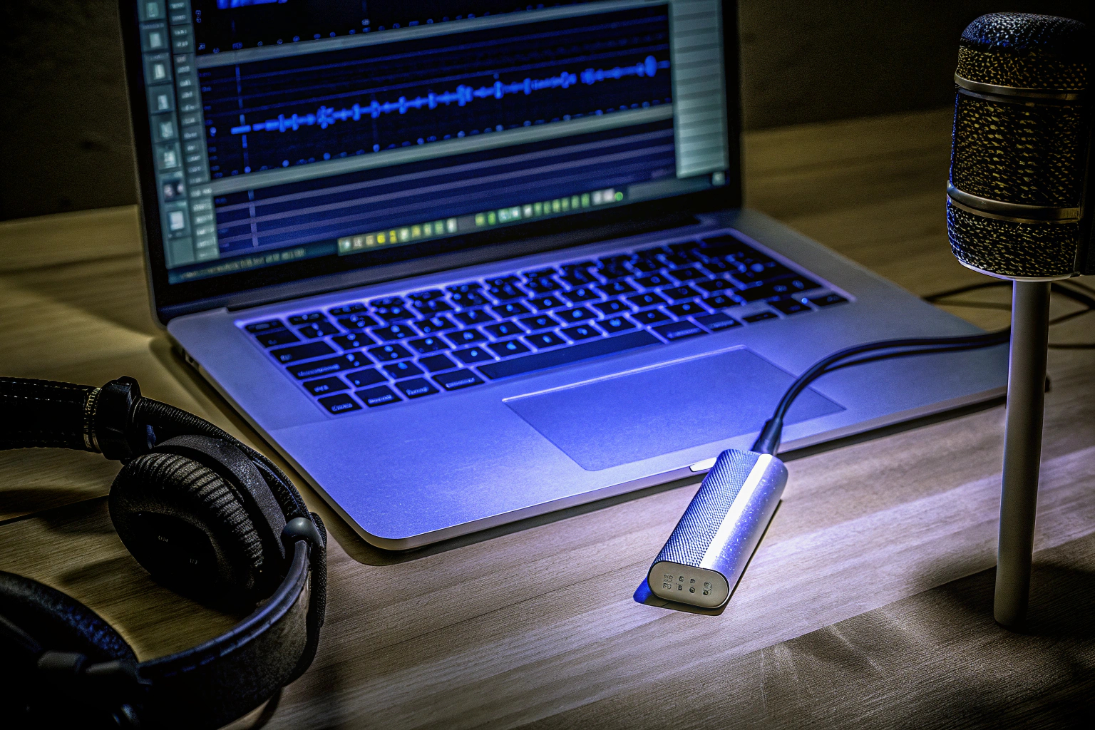 Eine externe Soundkarte, die an einen Laptop angeschlossen ist. Externe Soundkarte an Laptop