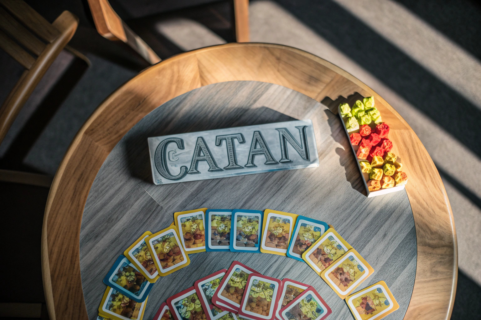 Eine Familie beim Spielen von 'Catan', die sich um den Tisch versammelt hat und strategisch ihre Züge plant. Familienspiel Catan