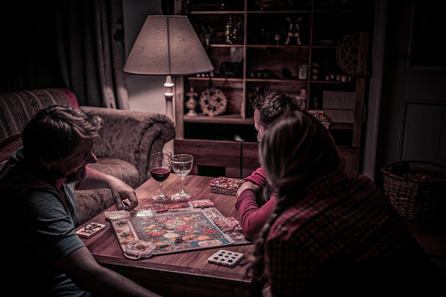Eine Familie, die ein Brettspiel am Tisch spielt und dabei viel Spaß hat. Familie spielt Brettspiel