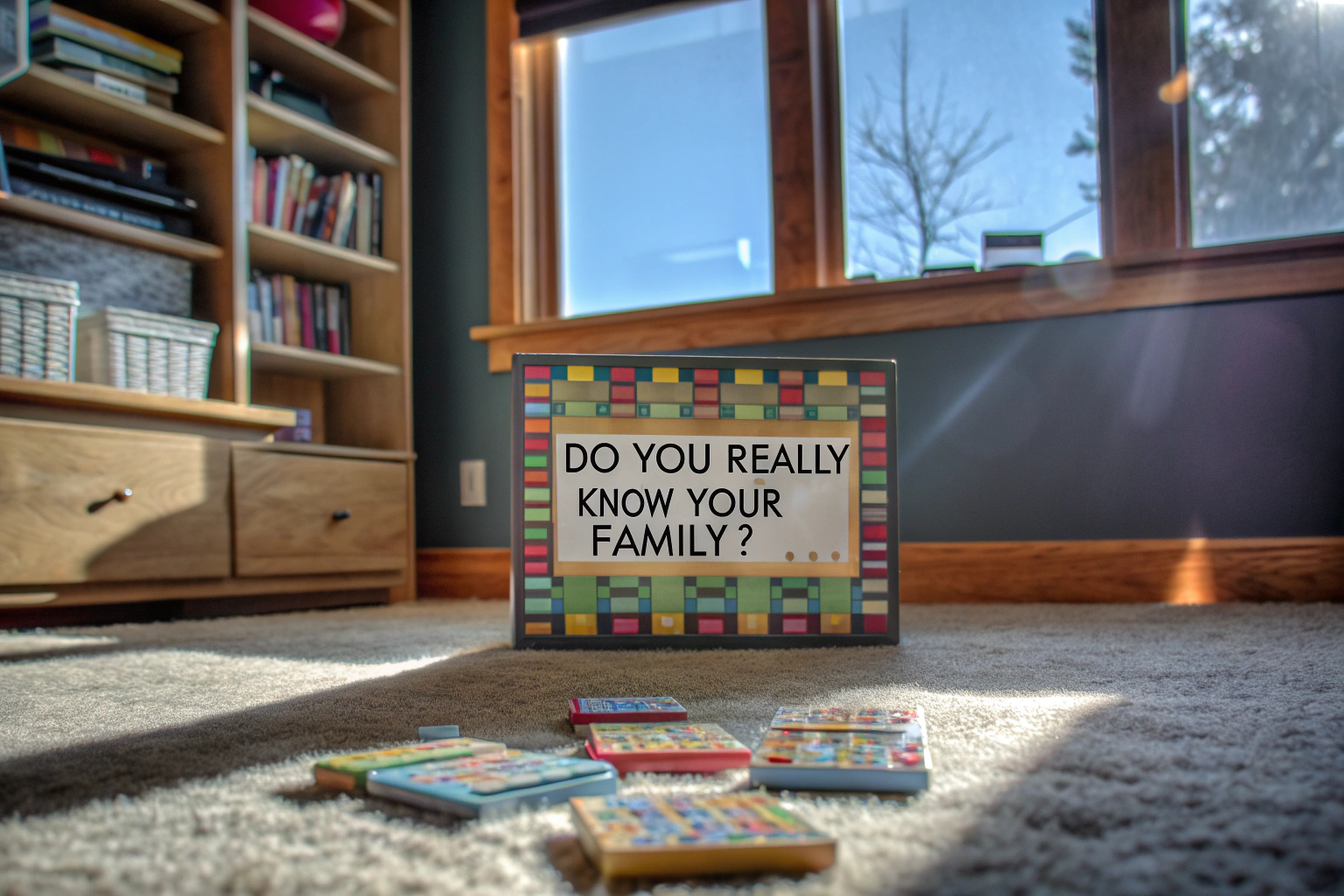 Eine Familie, die gemeinsam das Spiel 'Kennst du Deine Familie wirklich?' spielt und dabei lacht. Familie spielt ein Quizspiel