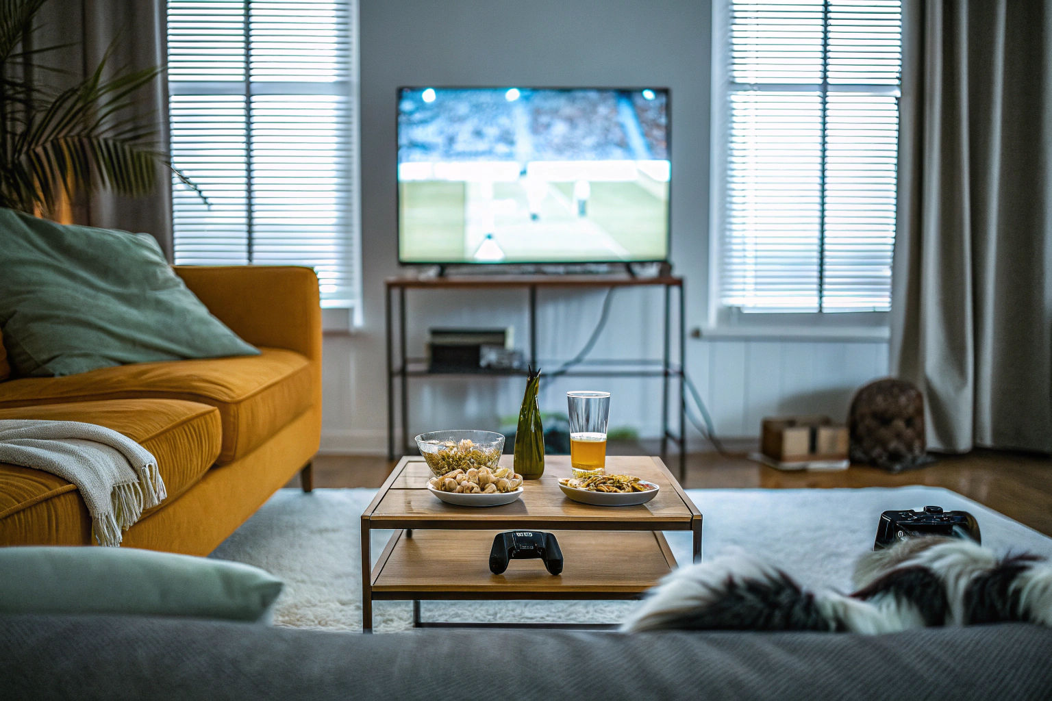 Eine Familie, die gemeinsam ein Sportspiel im Wohnzimmer spielt. Familie spielt Sportspiel im Wohnzimmer