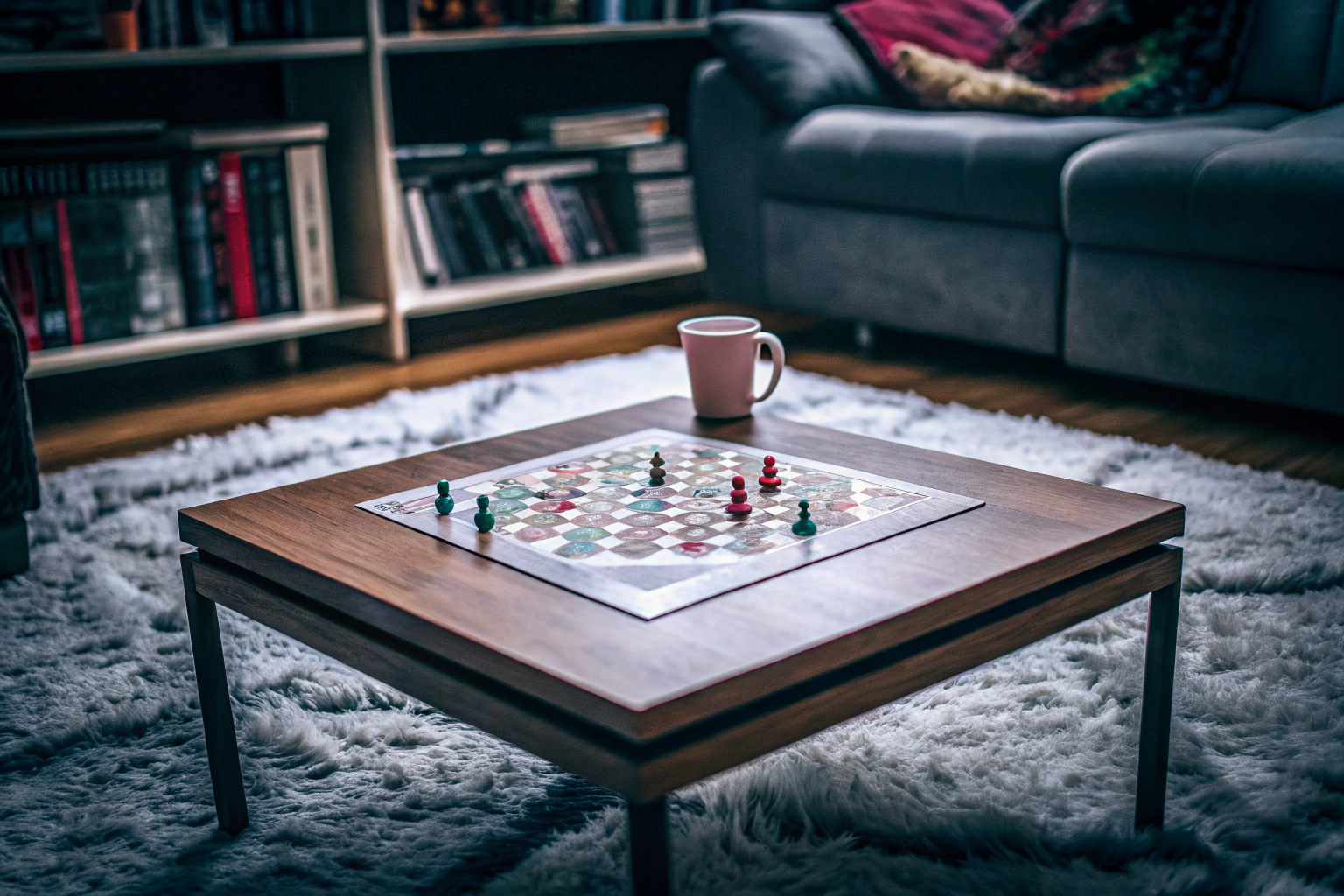 Eine Familie spielt ein Brettspiel zusammen, das strategisches und taktisches Denken erfordert. Familie spielt ein Brettspiel