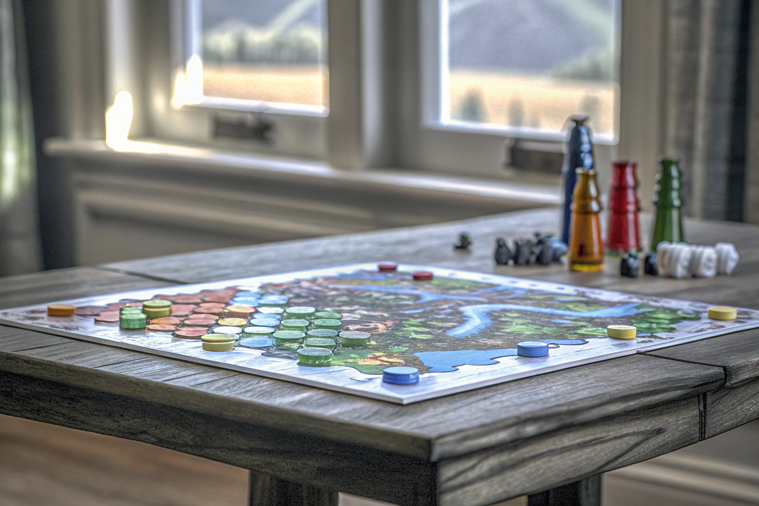 Eine Familie spielt ein Strategiespiel am Tisch und lacht, während sie sich gegenseitig herausfordern. Familie spielt Strategiespiel