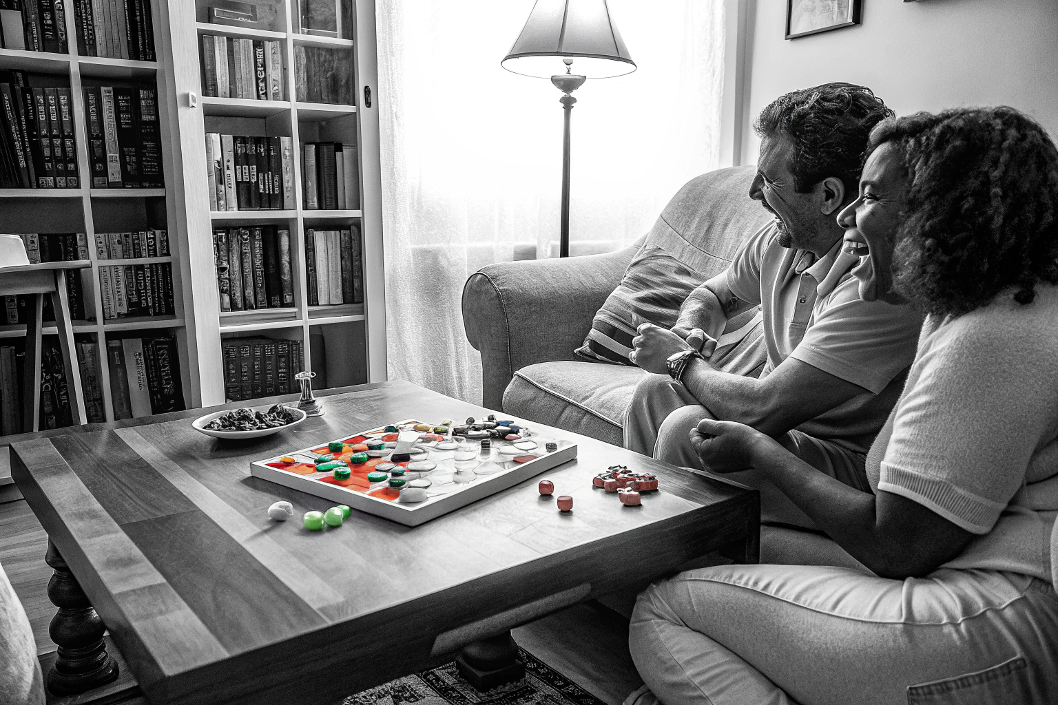 Eine Familie spielt gemeinsam ein Brettspiel am Wohnzimmertisch und lacht. Familie spielt Brettspiel