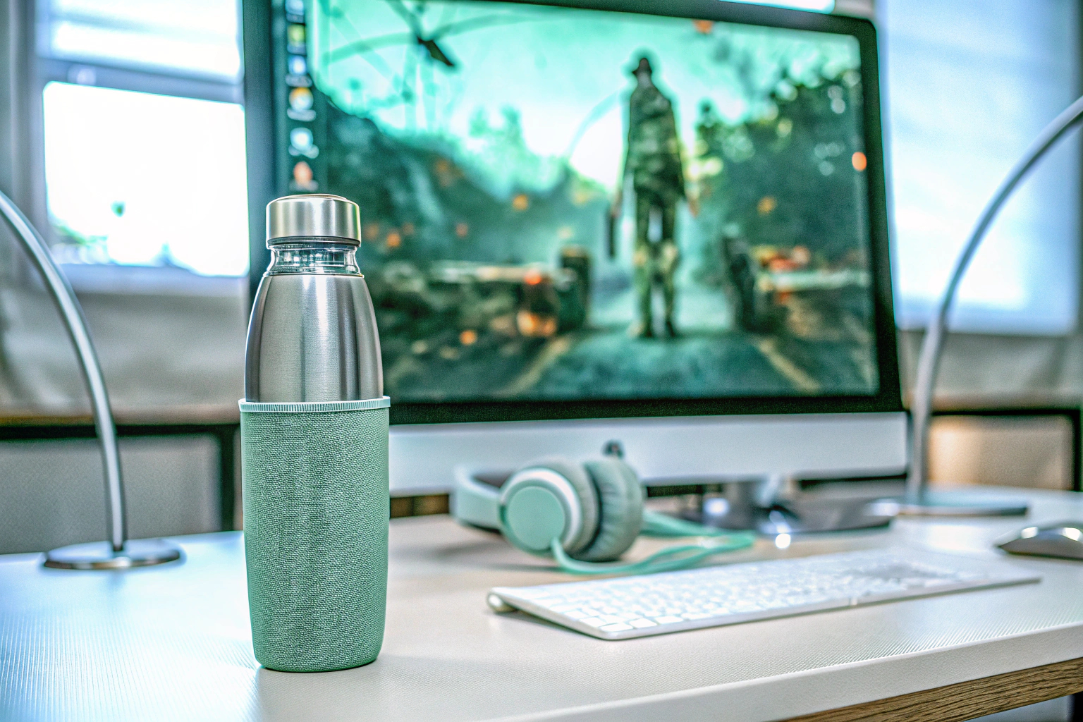 Eine Flasche Pre-Workout-Booster neben einem Gaming-Setup. Pre-Workout-Booster für Gamer