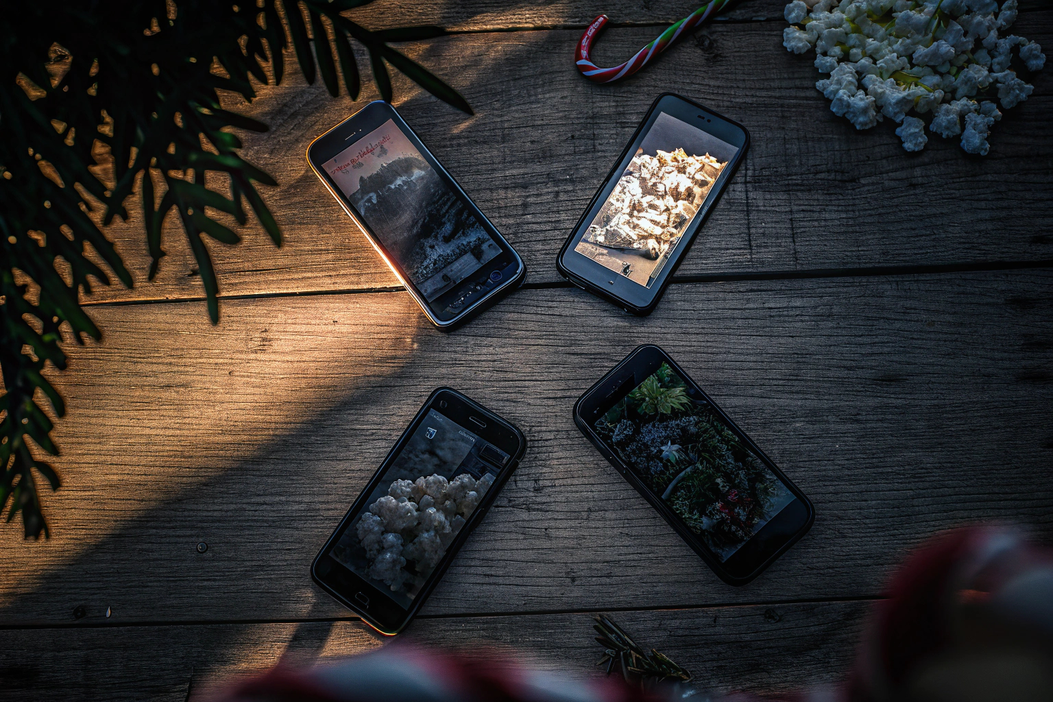 Eine fröhliche Gruppe von Freunden, die gemeinsam ein Partyspiel mit ihren Smartphones spielen. Freunde spielen Smartphone-Partyspiel