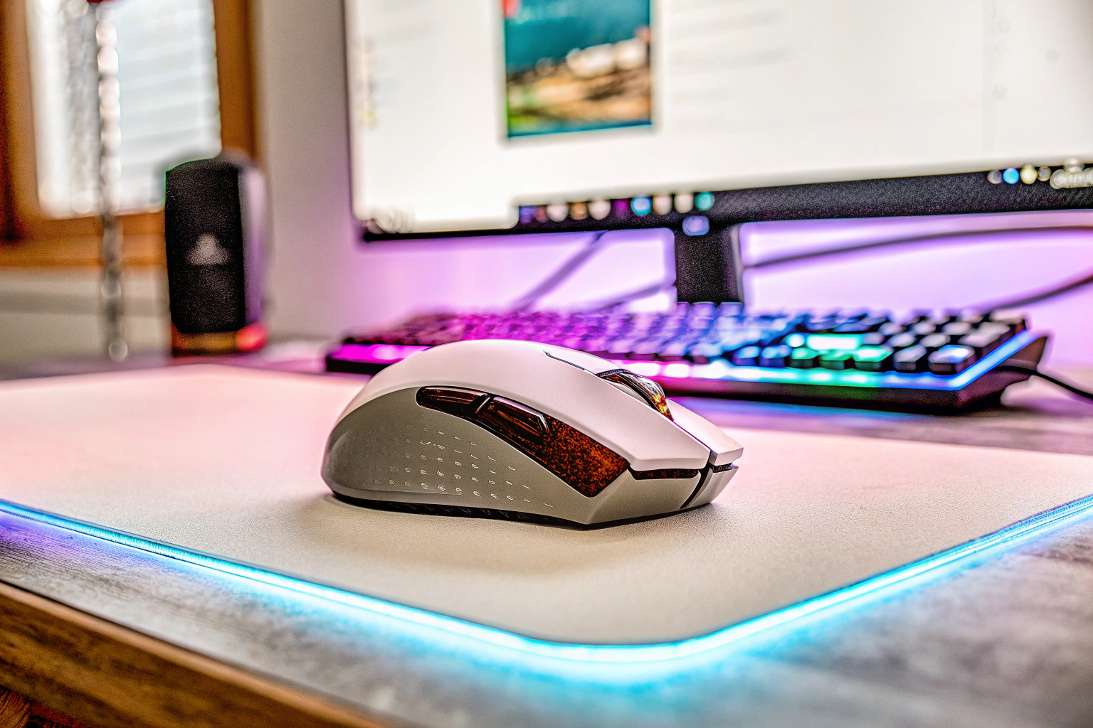 Eine futuristische Gaming-Maus mit leuchtenden RGB-Farben auf einem Gaming-Tisch. RGB Gaming-Maus